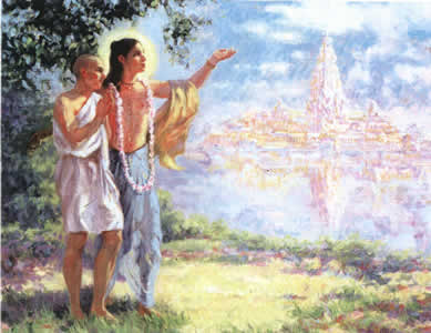 Sri Nityananda Prabhu mostra a Jiva Gosvami il futuro Tempio del Planetario Vedico di Mayapur.